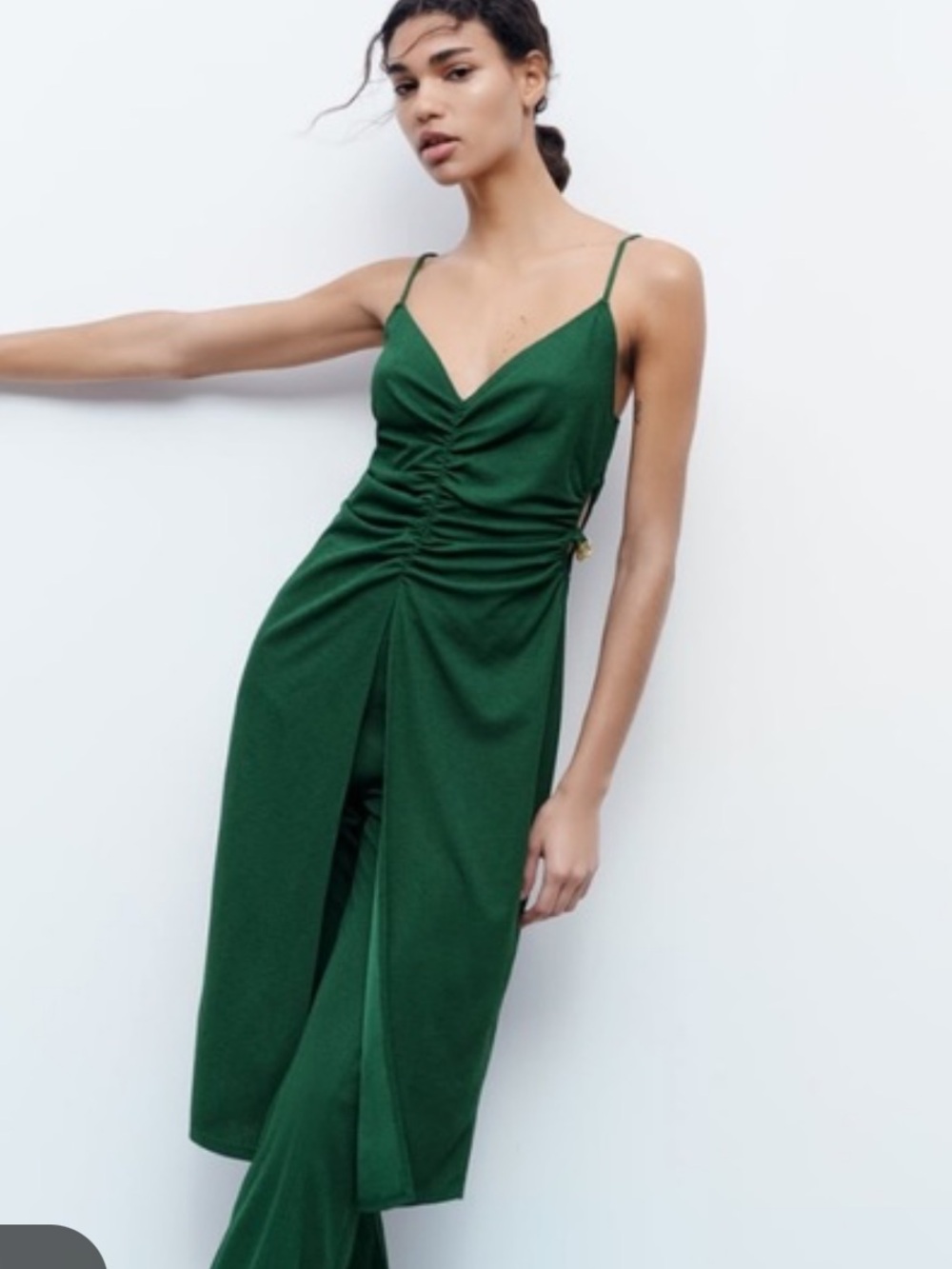 Zara Emerald Green Ruched Chain-Trim Cutout Set
